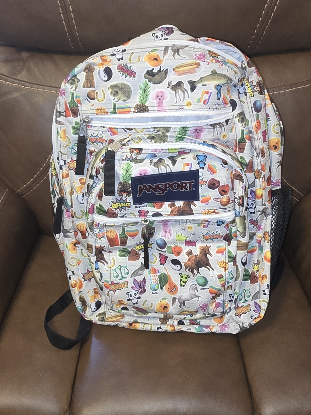 JanSport 5 Compartment Backpack NWOT White Sticker Print School Bag Travel